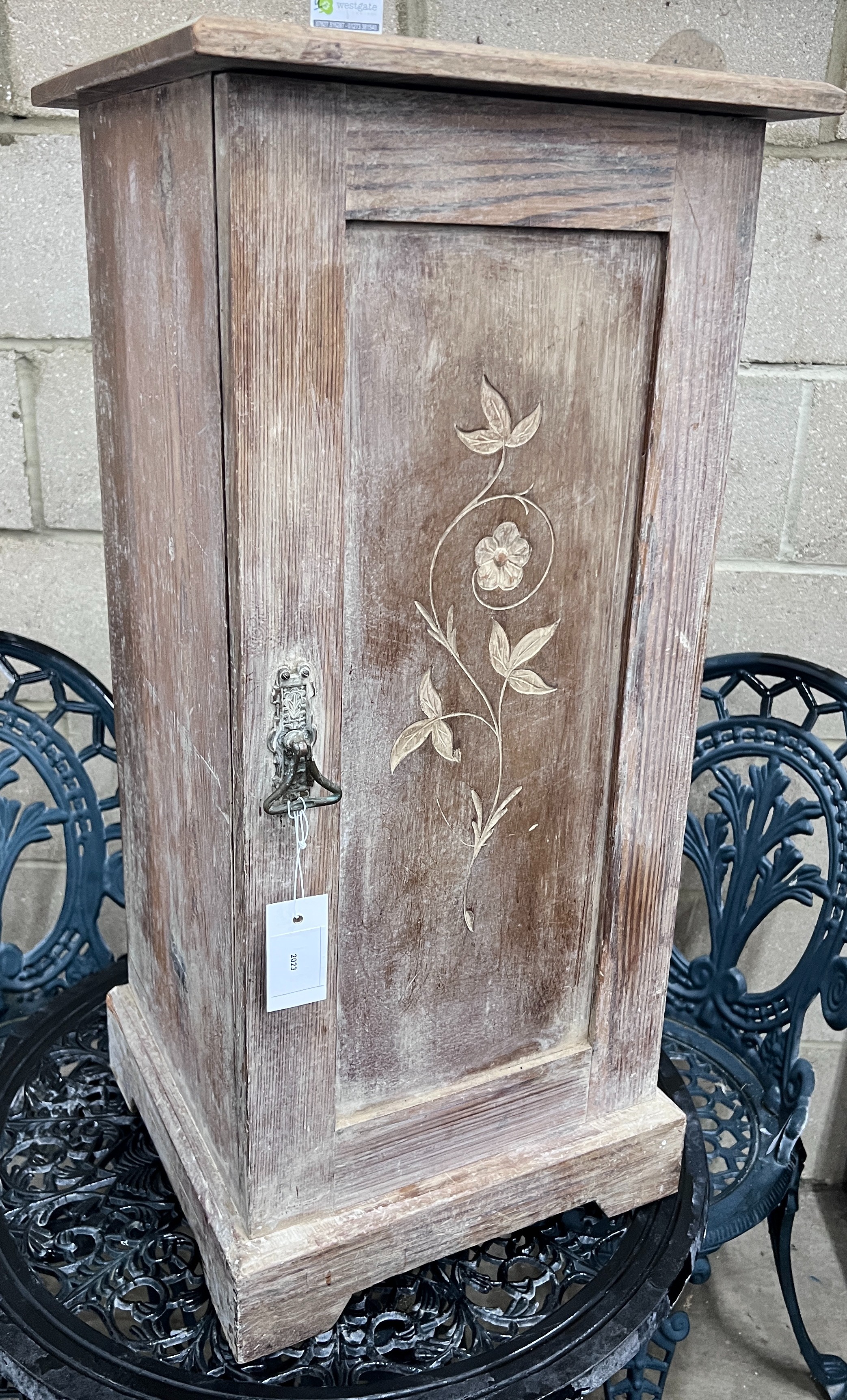 An Edwardian pitch pine bedside cabinet, width 36cm, height 76cm